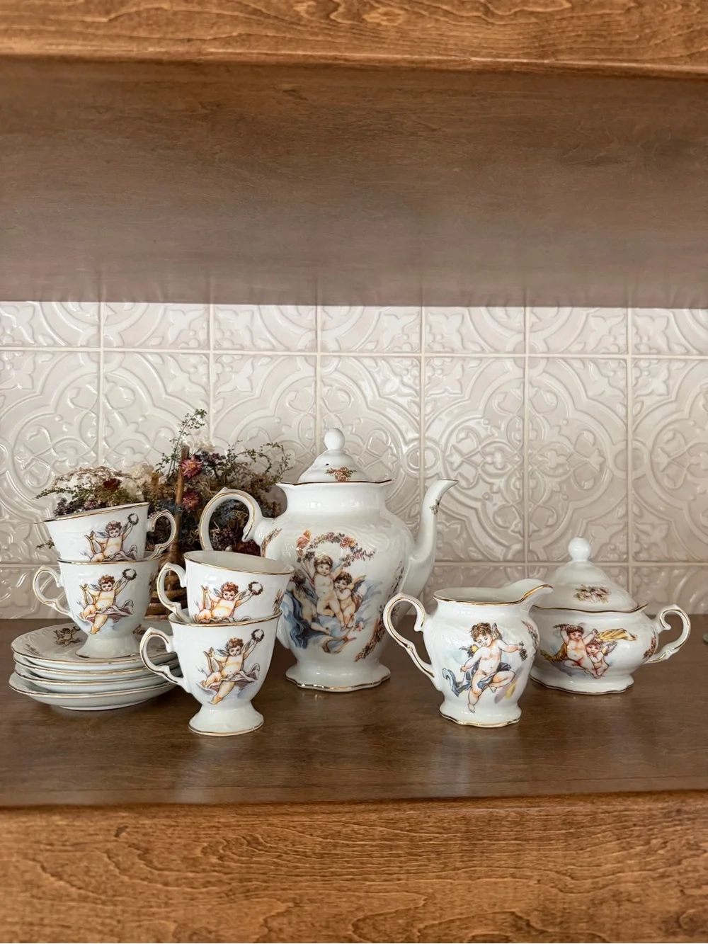 Porcelain Cherub Tea Set - White with Gold Trim